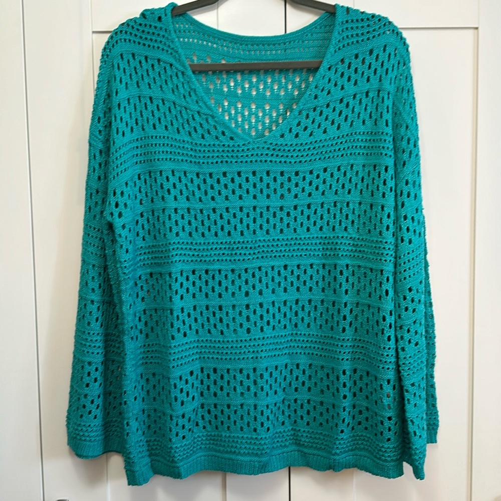 Blue Crochet V Neck Oversized Long Sleeve Sweater Sz Large NEW!